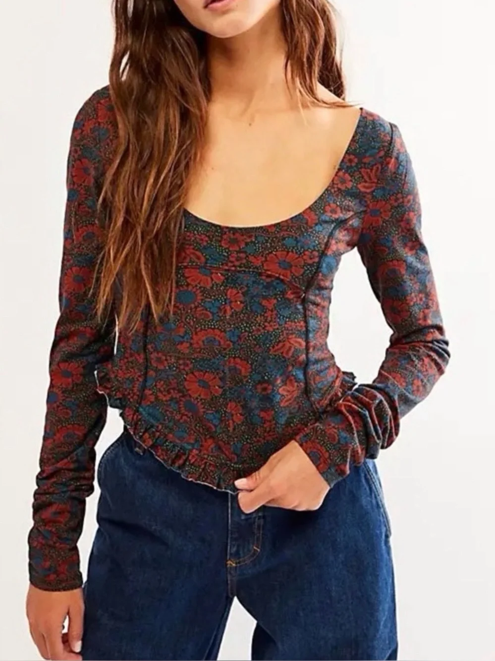 FREE PEOPLE Melanie Long Sleeve Floral Top - Size XS - Crisscross Back - NWT